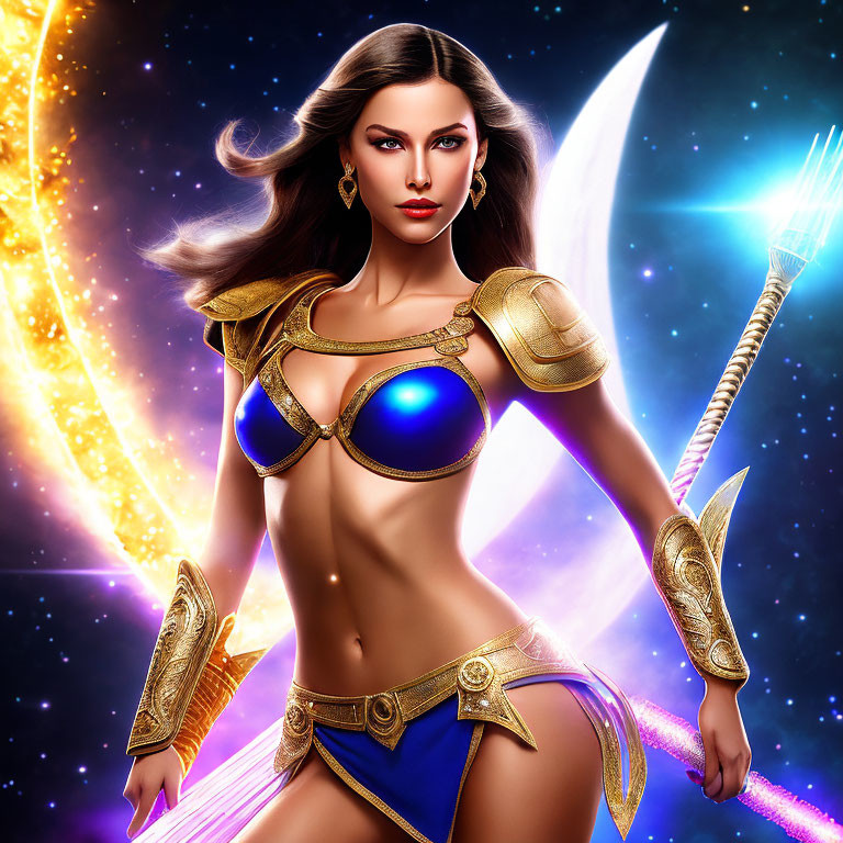 Fantasy warrior woman digital artwork with spear and cosmic background