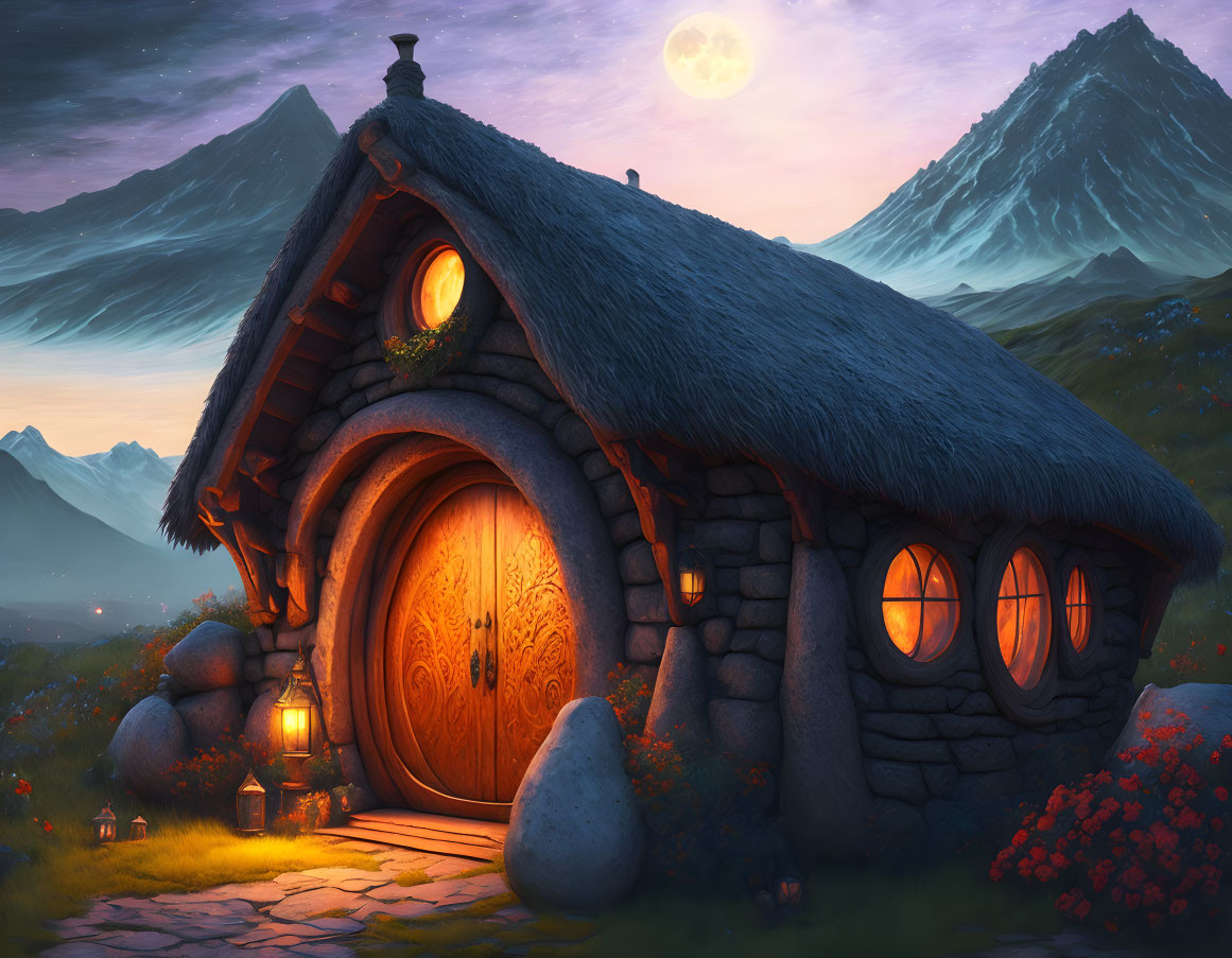 Thatched stone cottage in scenic landscape with mountains and full moon