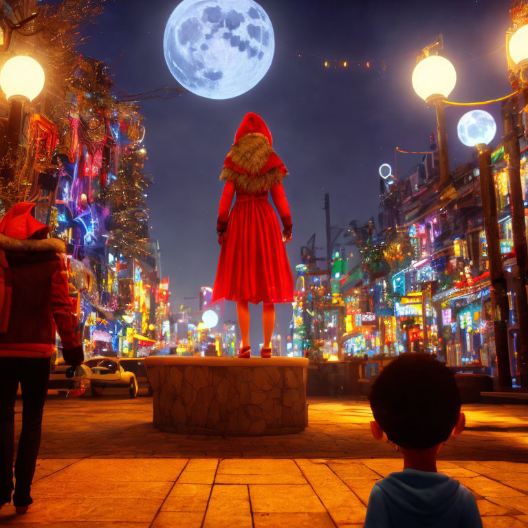 Child in Red Hood Stands on Pedestal in Festive Night Street