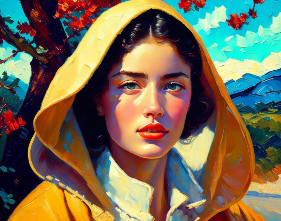 Portrait of a woman with yellow hood, blue eyes, and red lips against nature backdrop