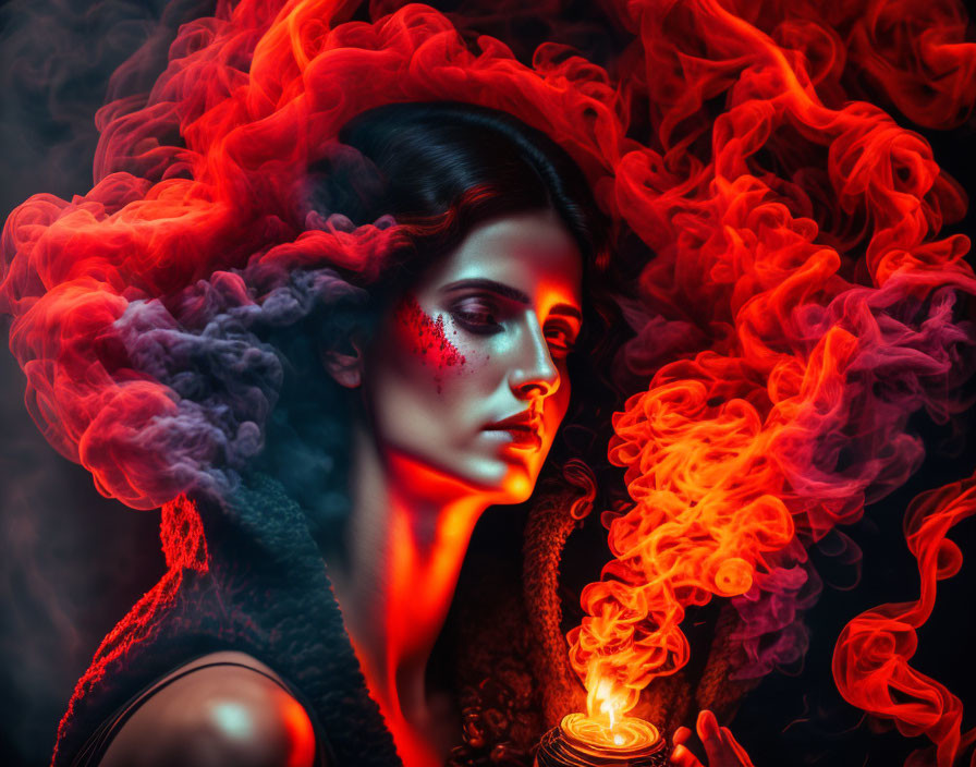 Woman in dramatic red and blue lighting holds flame in swirling smoke
