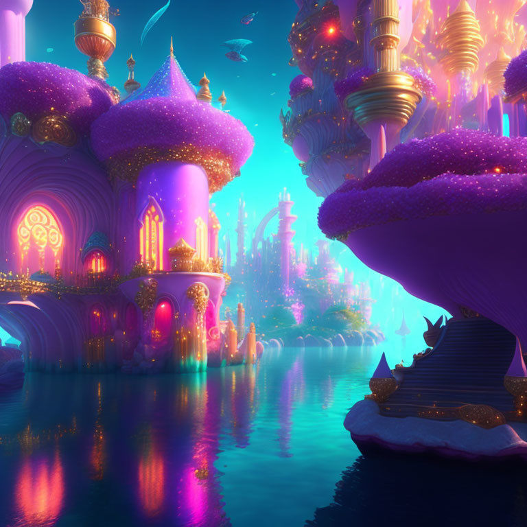 Fantastical cityscape with purple and golden architecture and floating lanterns