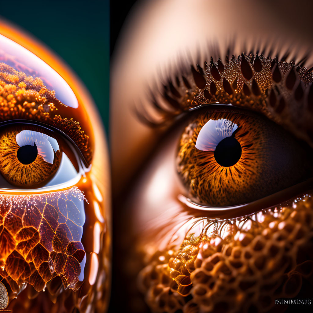 Detailed Close-Up of Human Eyes with Orange and Brown Irises and Textured Flower-Like Patterns