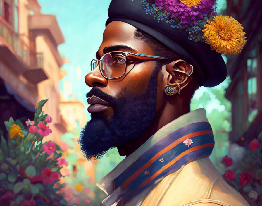 Stylized portrait of bearded man in glasses with flower-adorned turban against urban backdrop