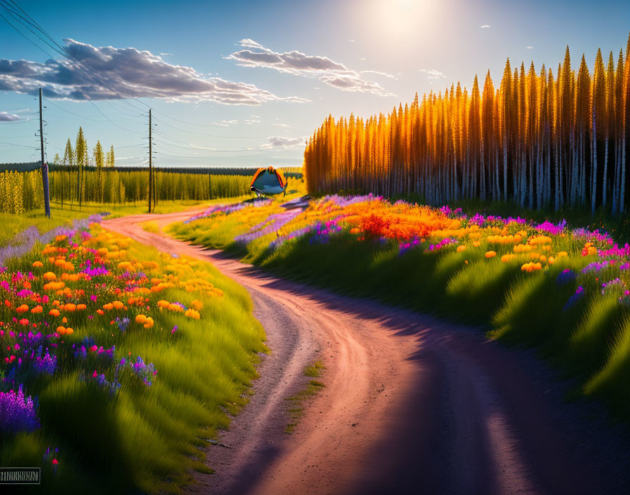 Scenic dirt road with wildflowers into forest at sunset