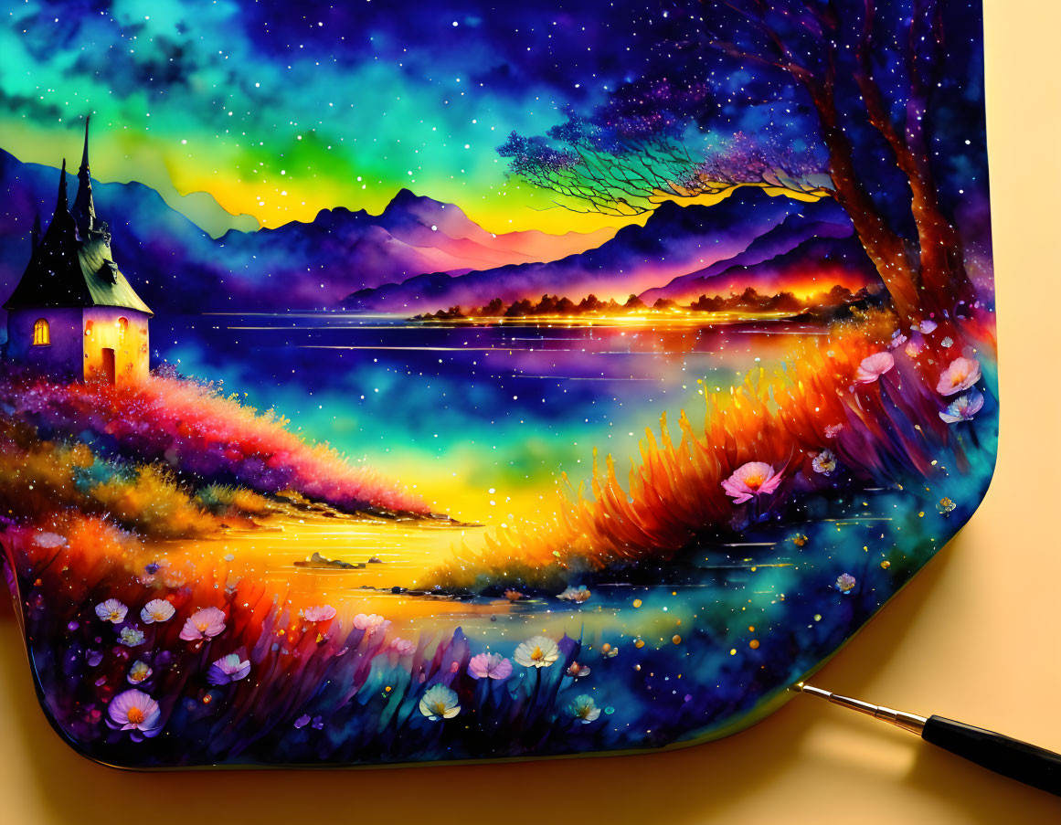 Colorful Lakeside Sunset Watercolor Painting on Paper