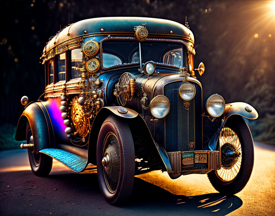 Vintage Car with Intricate Decorations in Sunlit Road