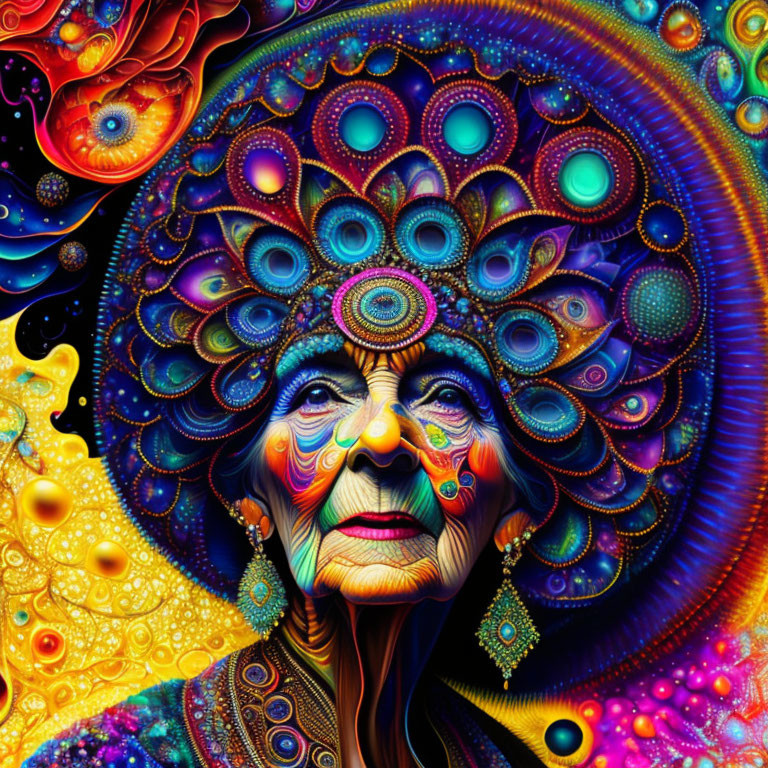 Colorful Psychedelic Portrait of Elderly Woman with Abstract Designs