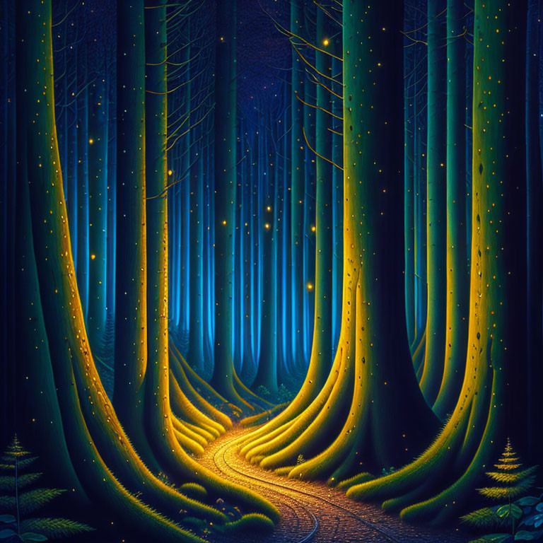 Enchanting night forest scene with firefly lights and mystical colors