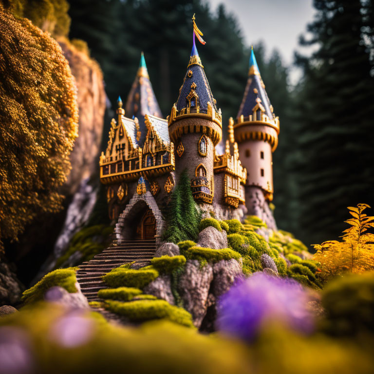 Miniature fairy-tale castle in lush greenery with vibrant flowers