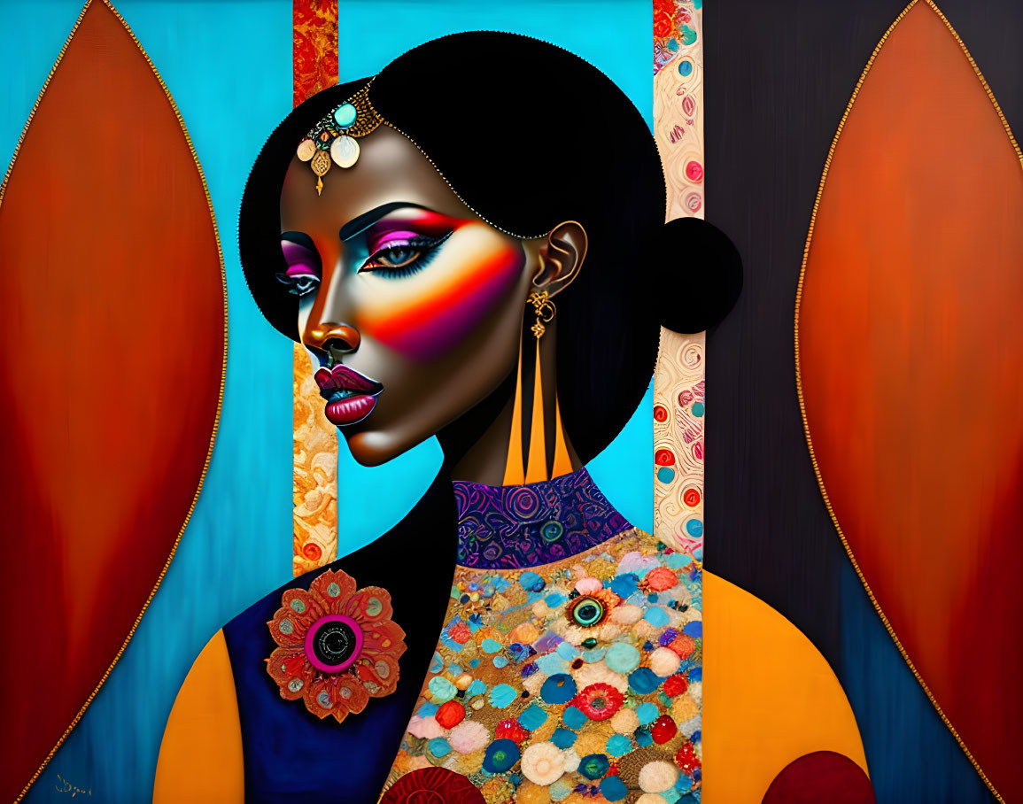 Colorful painting of woman with dark skin and vibrant makeup in richly patterned outfit against abstract background