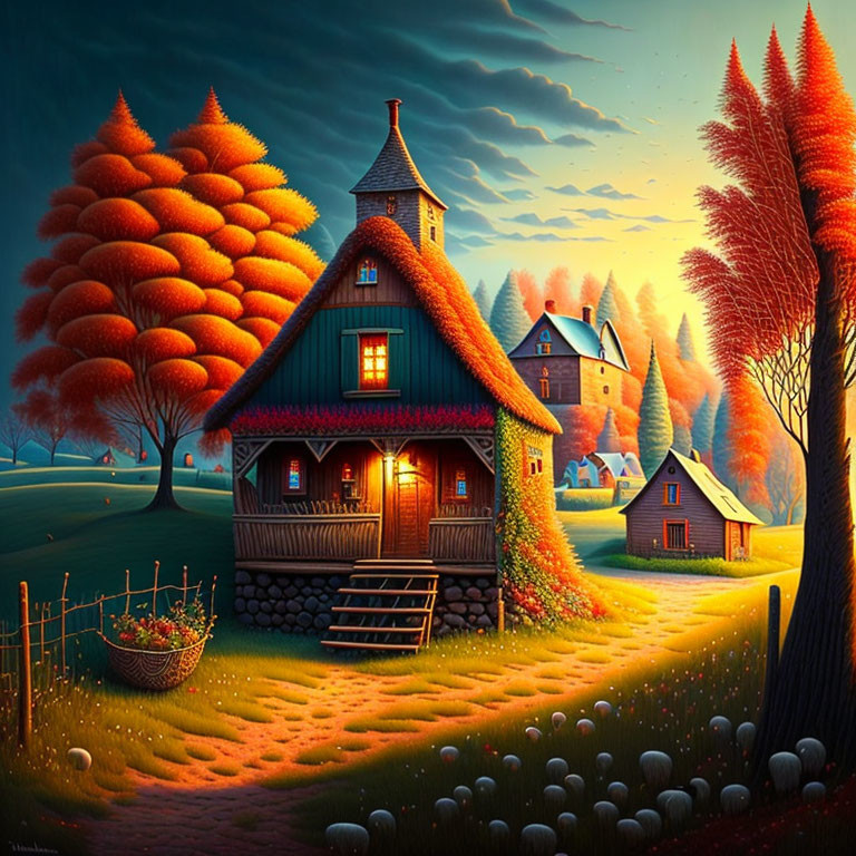 Vibrant autumn trees and whimsical cottages in serene fantasy landscape