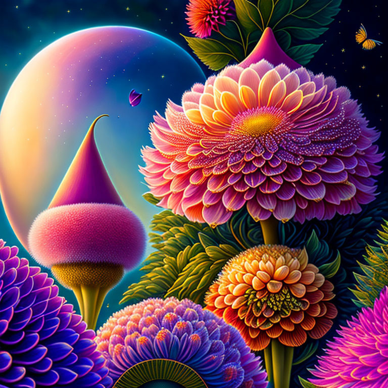 Fantasy flowers in pink and purple with moon and butterflies