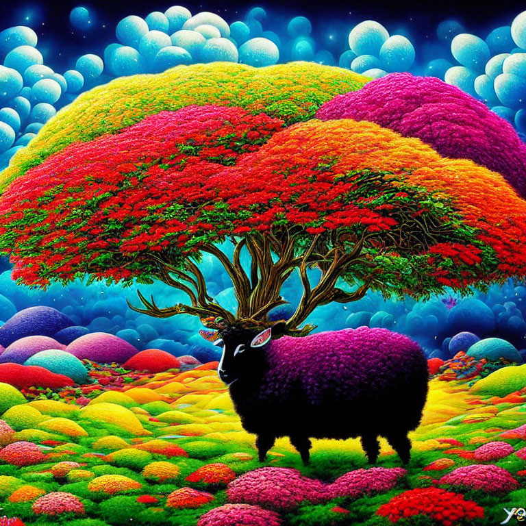 Colorful illustration: Purple sheep with antlers under tree, orbs, hills