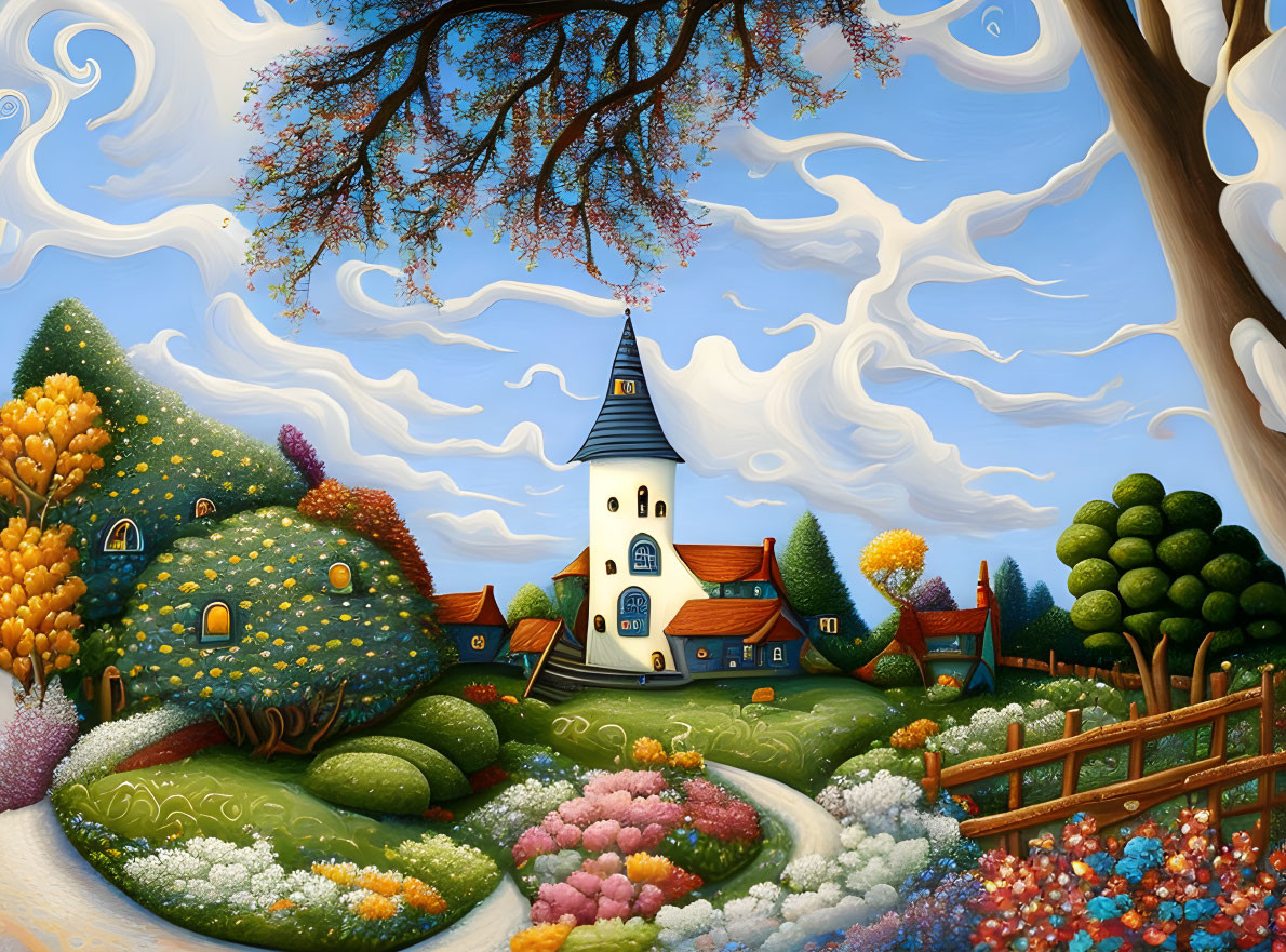 Vibrant landscape painting: village, church, hills & flowers