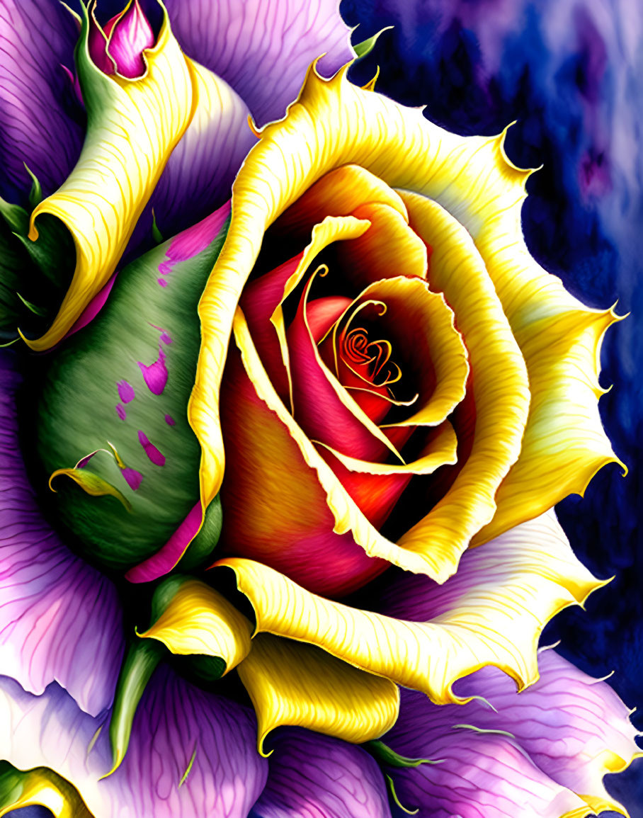 Colorful Digital Artwork: Multicolored Rose with Yellow Edges and Pink Highlights