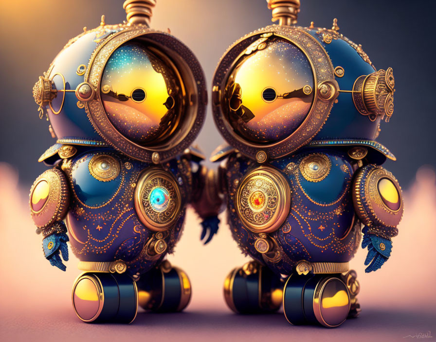 Ornate Steampunk-Style Robots with Cosmic-Patterned Glass Domes