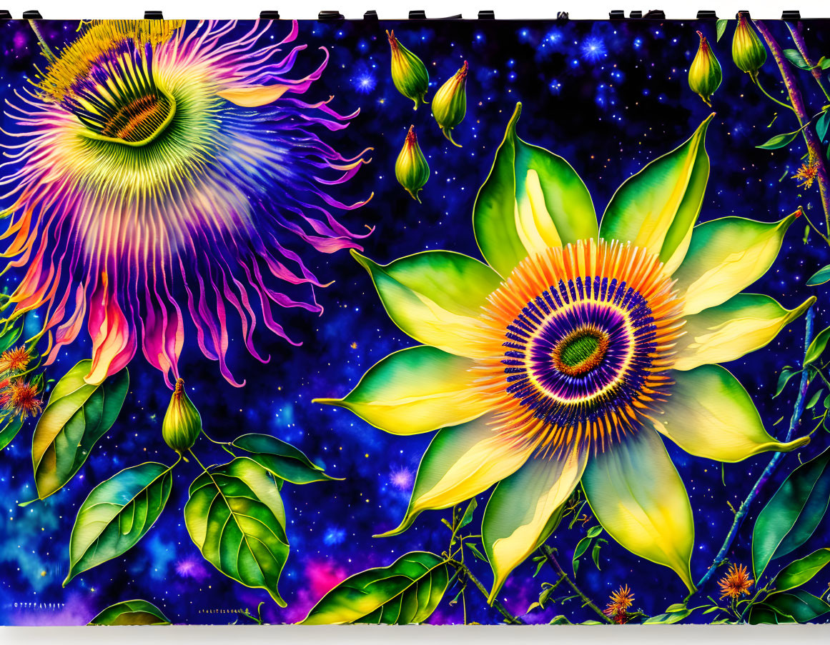 Colorful Psychedelic Flower Artwork with Neon Colors on Starry Space Background
