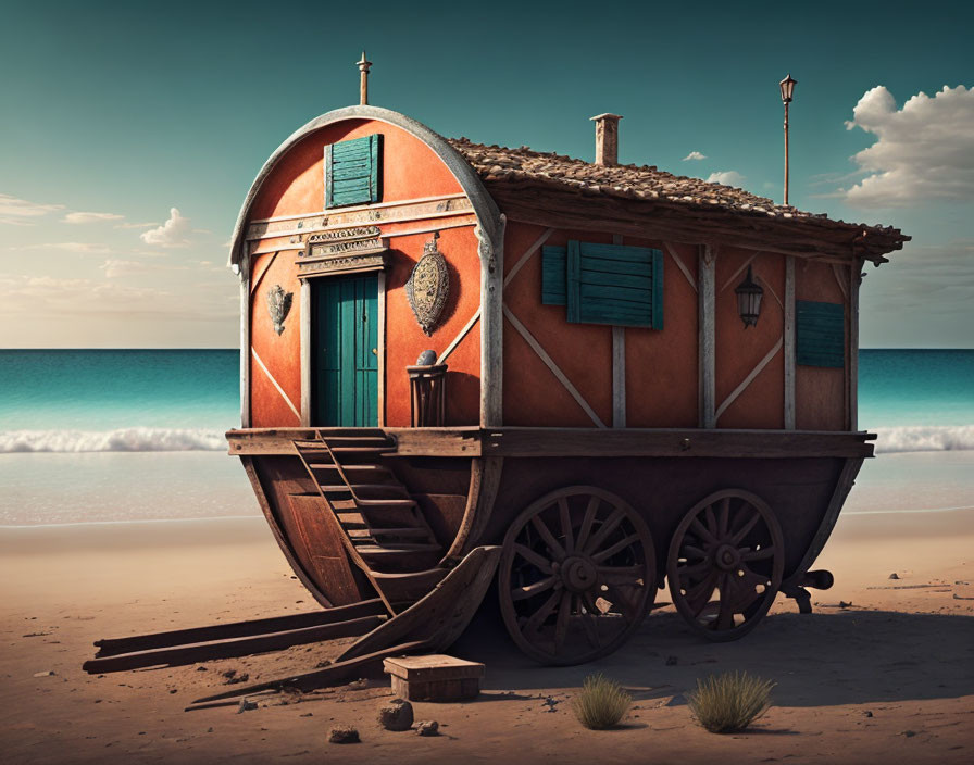 Vintage wooden caravan on sandy beach with steps and shutters by calm sea and blue sky