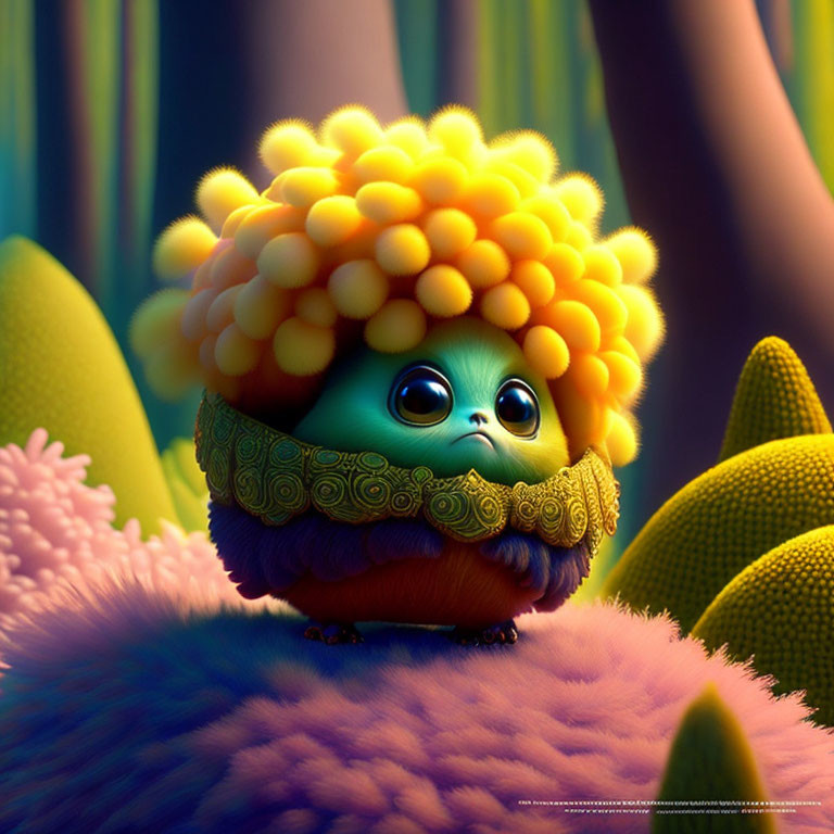 Colorful fluffy fantasy creature with big eyes in vibrant forest setting