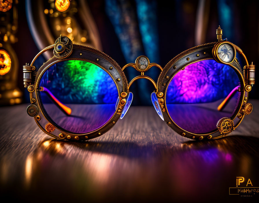 Steampunk Goggles with Colorful Lenses and Metalwork on Wooden Surface