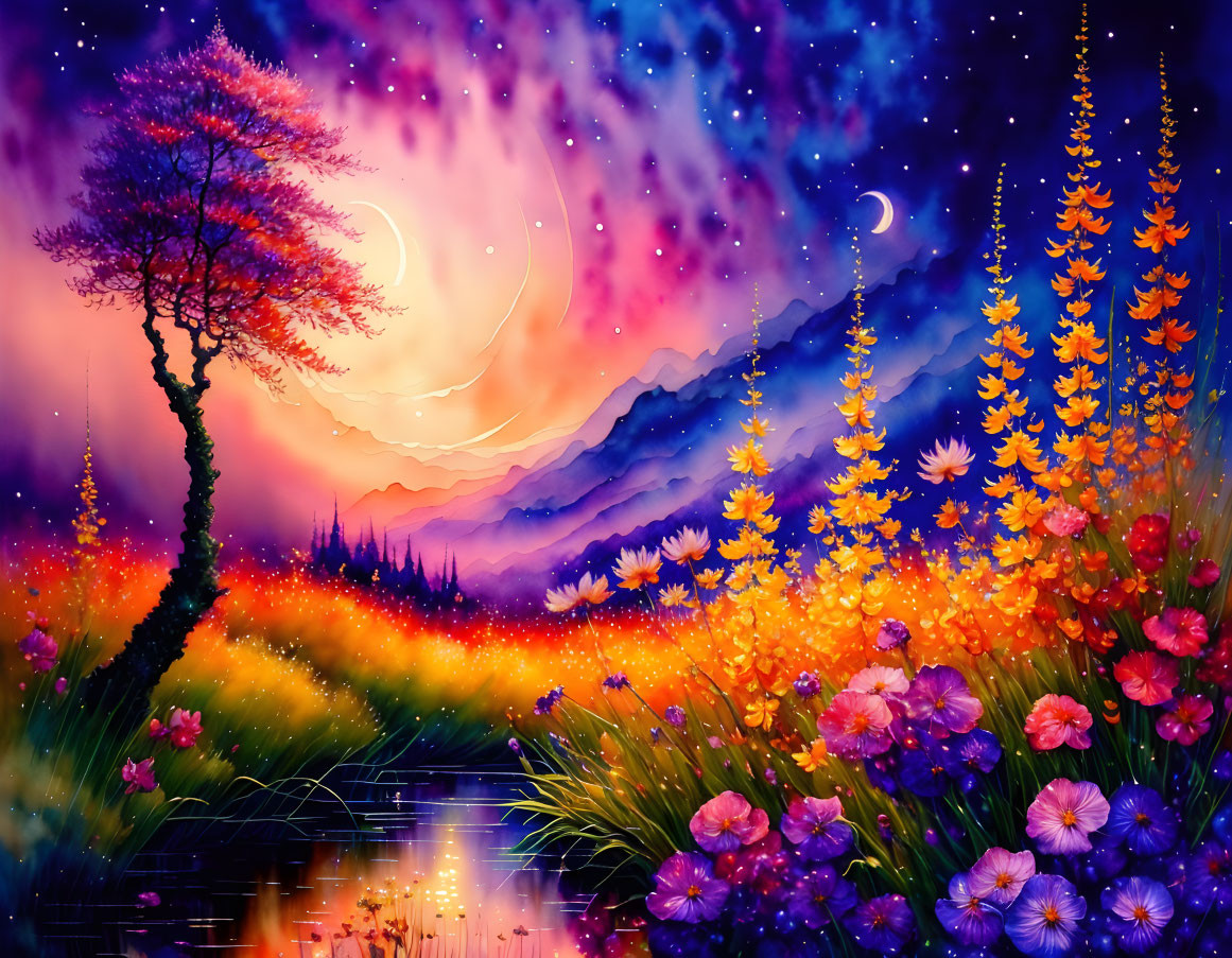 Colorful Fantasy Landscape with Crescent Moons, Serene River, and Whimsical Tree