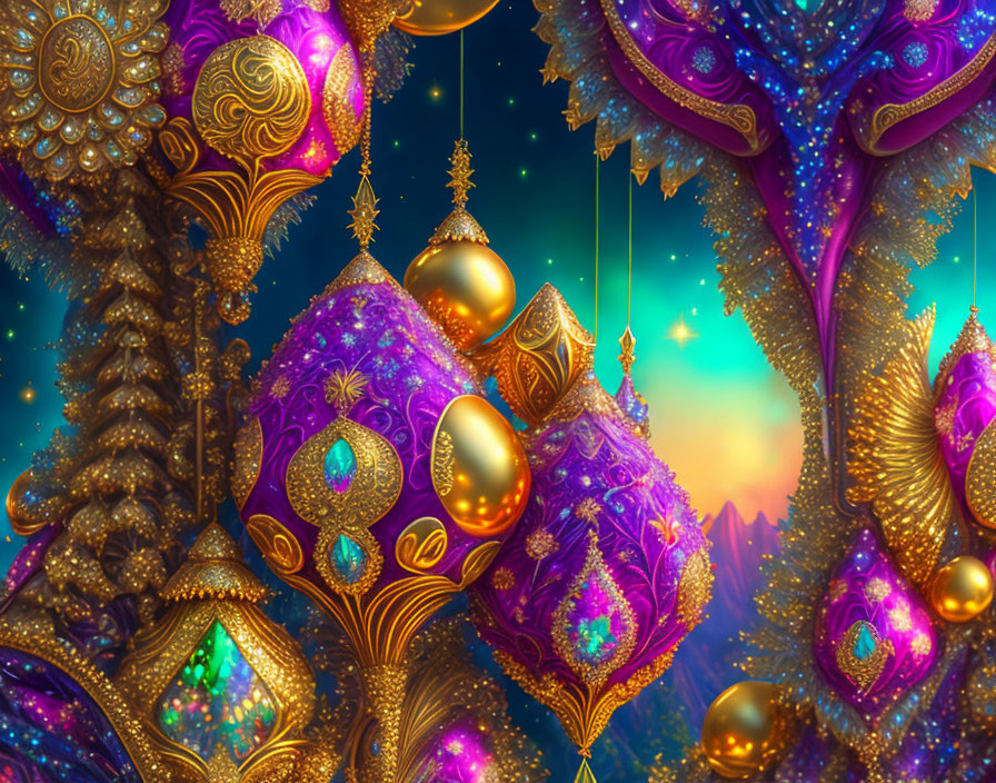 Detailed Purple and Gold Holiday Decor on Soft Glowing Background