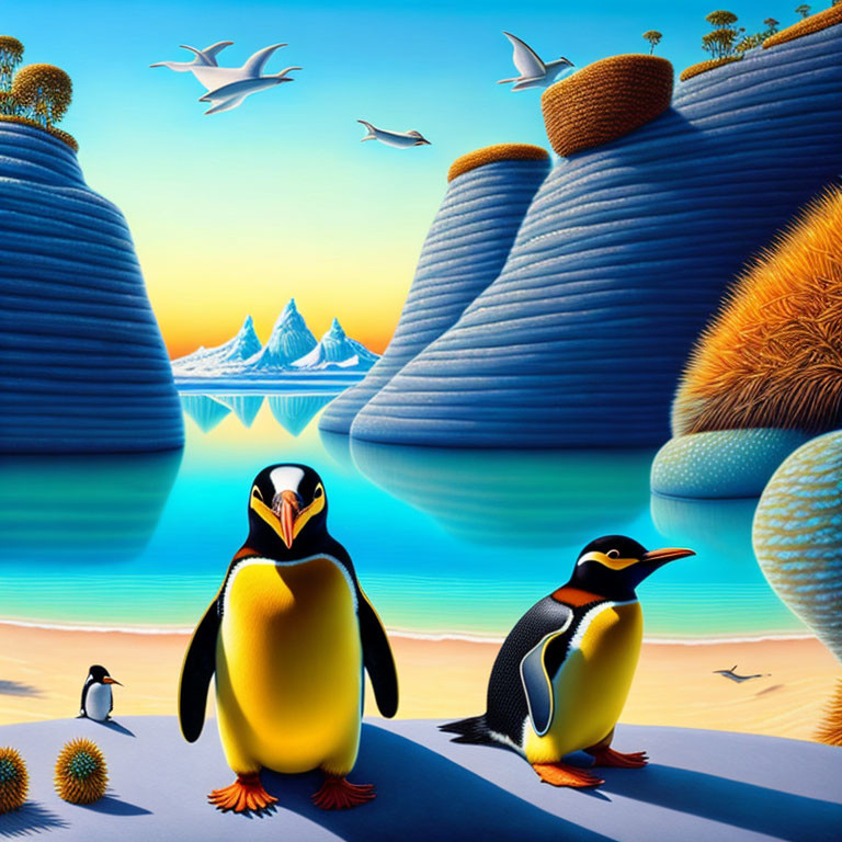 Colorful Stylized Penguins in Surreal Landscape