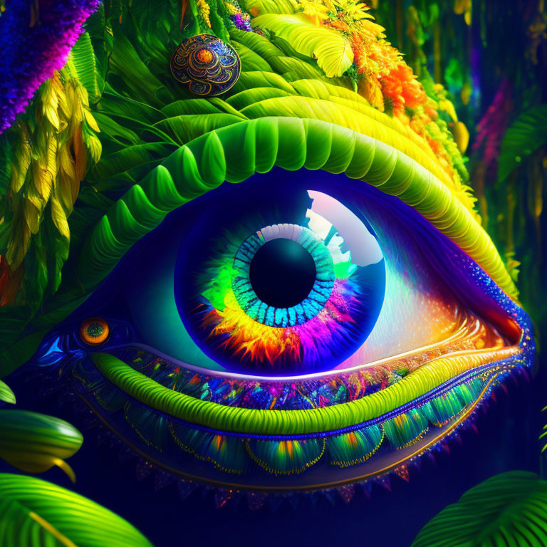 Colorful Digital Artwork: Eye with Patterns in Lush Foliage