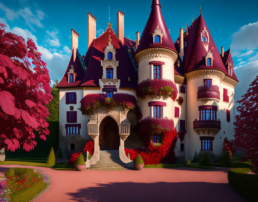 Vibrant red ivy-covered castle with spiral turrets in manicured gardens