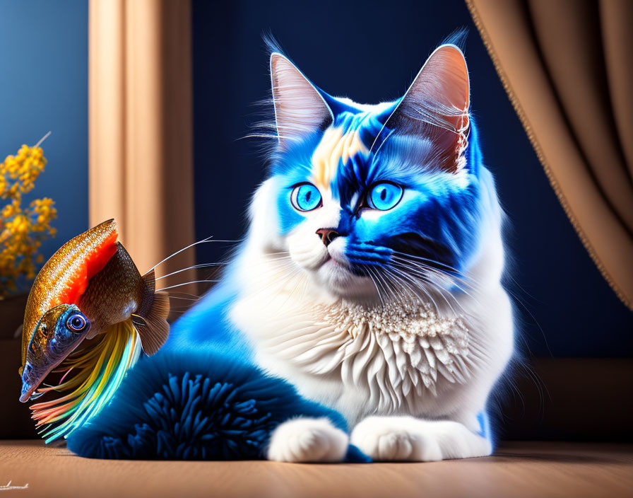 White and Orange Cat with Blue Eyes Beside Fish and Blue Curtain