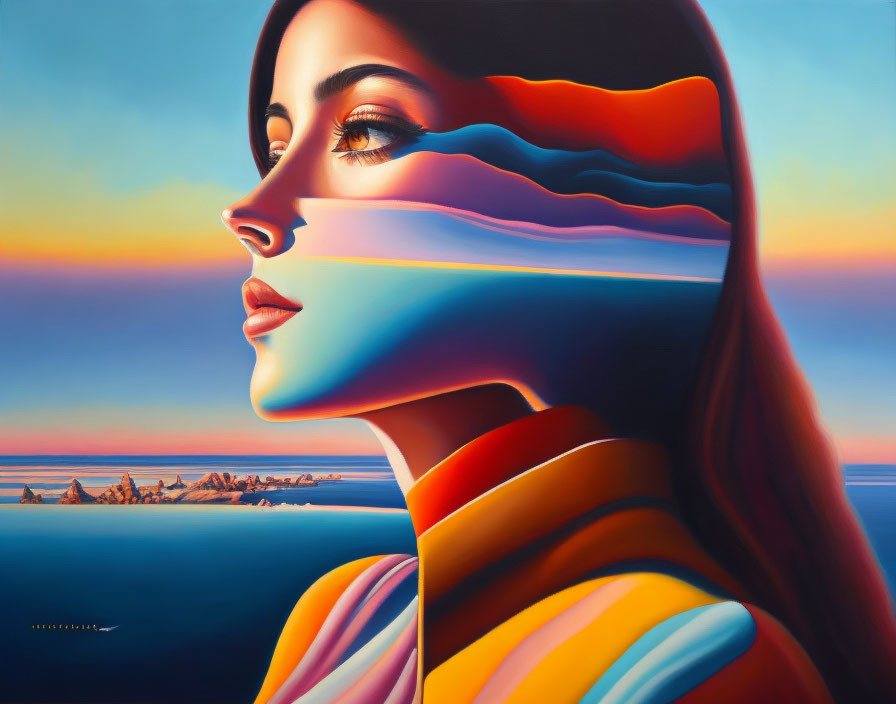 Portrait of woman with serene expression in sunset coastal landscape blend