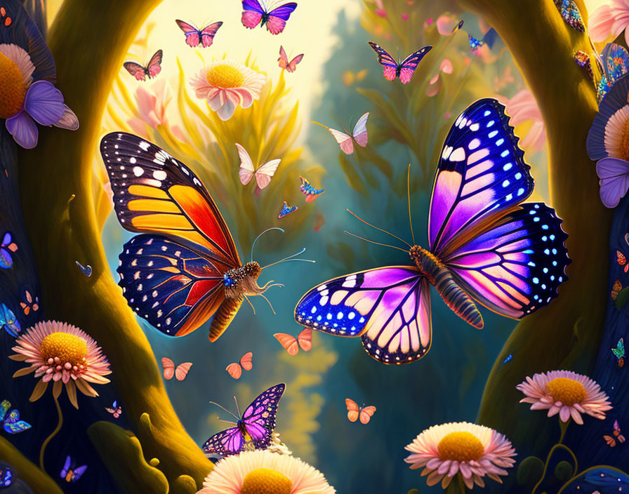 Colorful butterflies and flowers in a magical forest under golden light