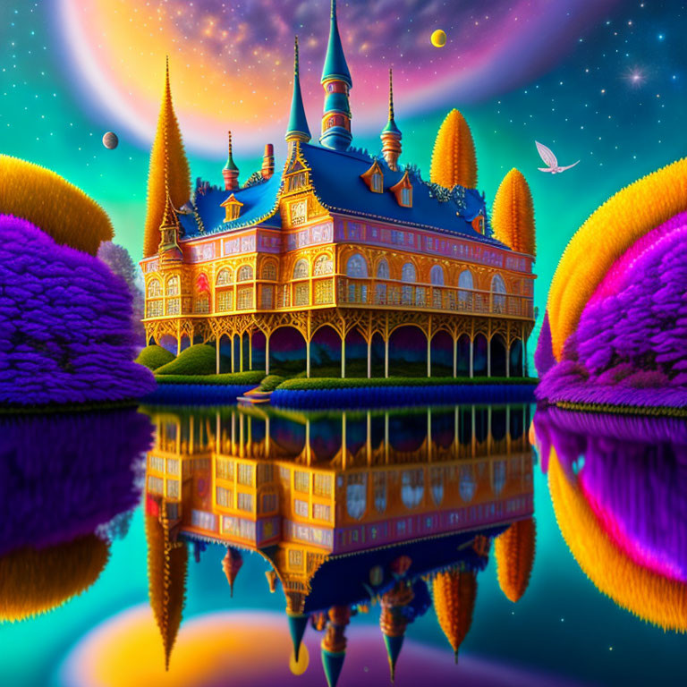 Fantasy Castle with Colorful Landscaping and Starry Sky