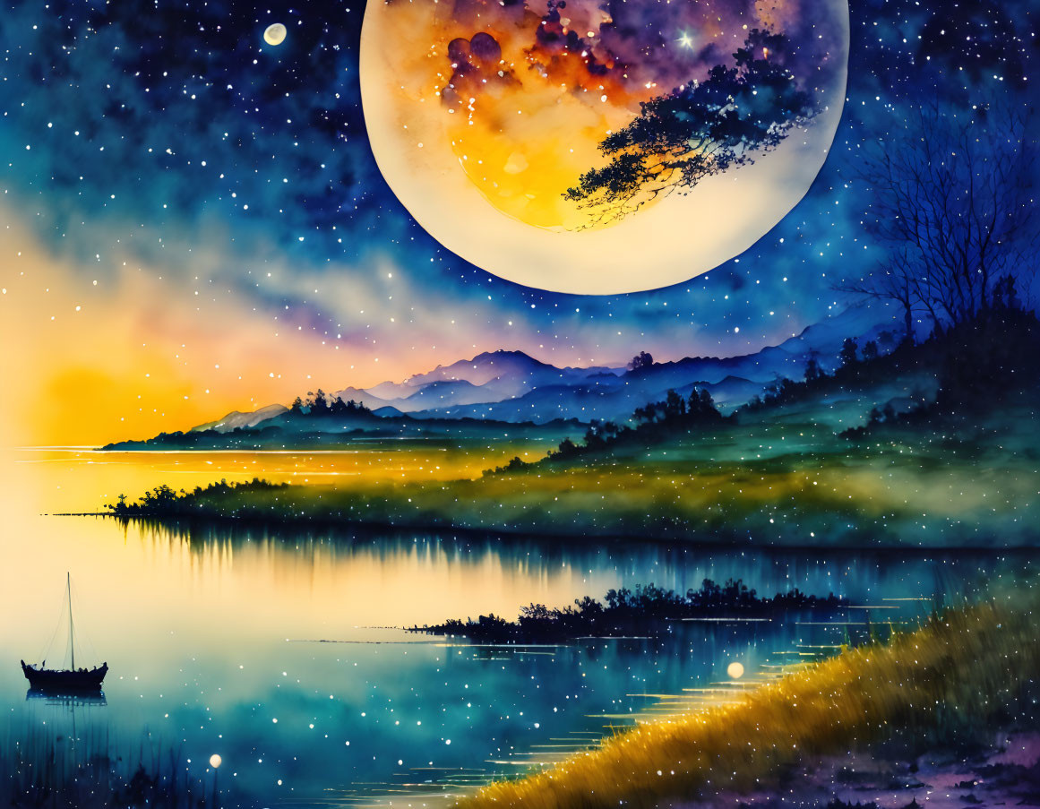 Luminous moon over serene lakeside scene with mountains and boat