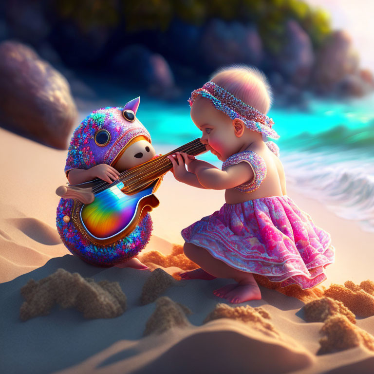 Toddler in Pink Dress with Glittery Creature on Beach at Sunset