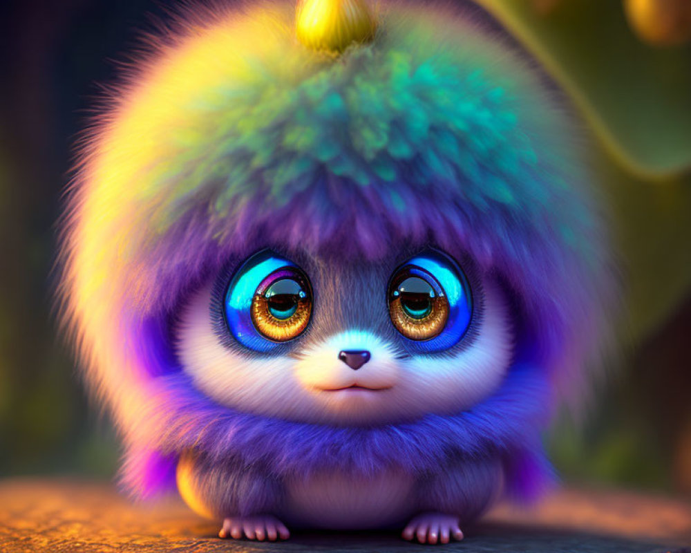 Colorful fluffy creature with blue eyes and flame on wooden surface