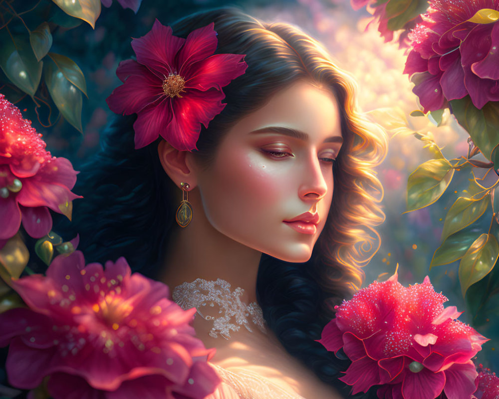 Young woman portrait with floral adornments and lush pink blossoms.