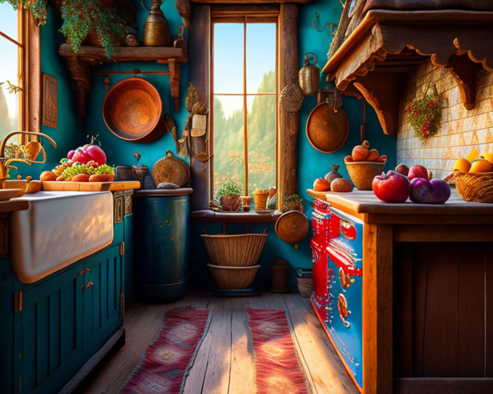Warm Sunlit Rustic Kitchen with Wooden Furniture & Fresh Fruits