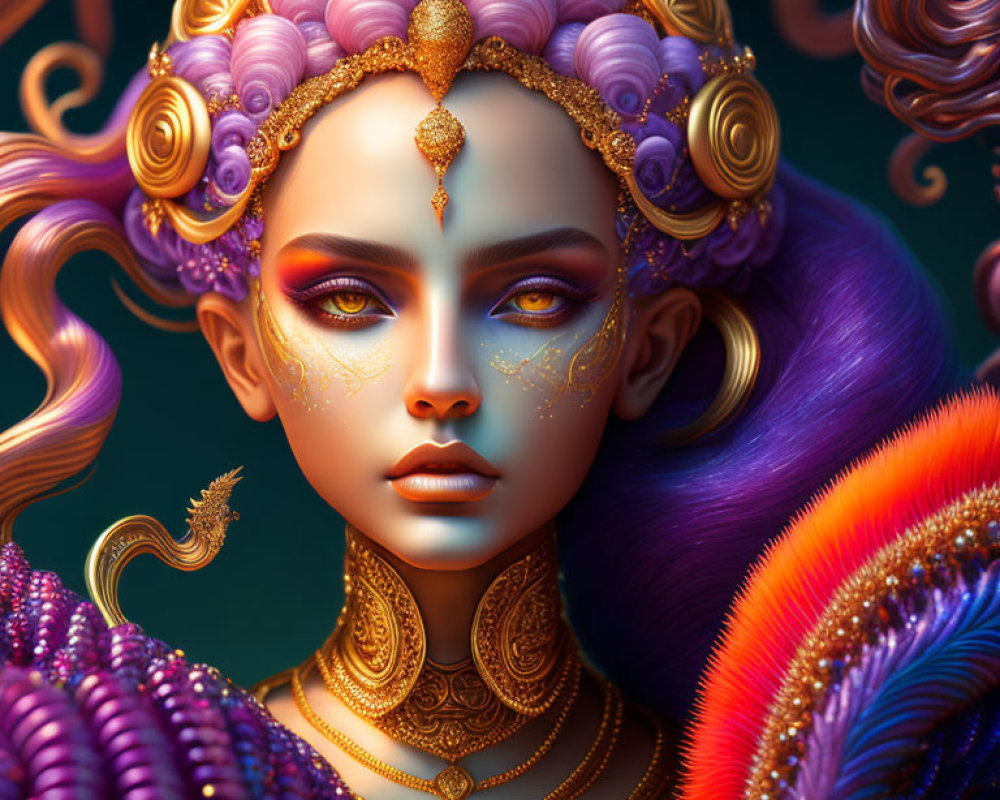 Fantasy figure with purple hair, golden jewelry, ornate headpiece
