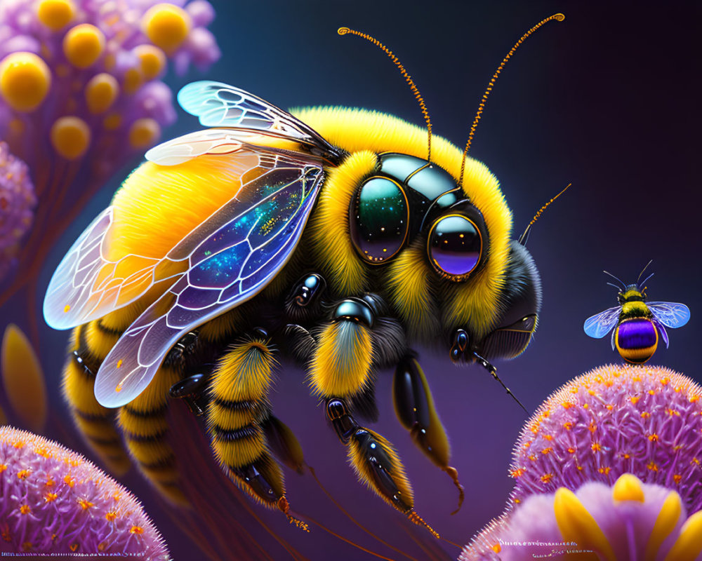 Colorful digital illustration of iridescent bee on purple flowers