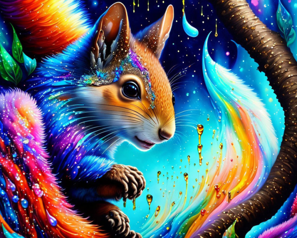 Colorful digital art: whimsical squirrel in cosmic foliage with dripping paint