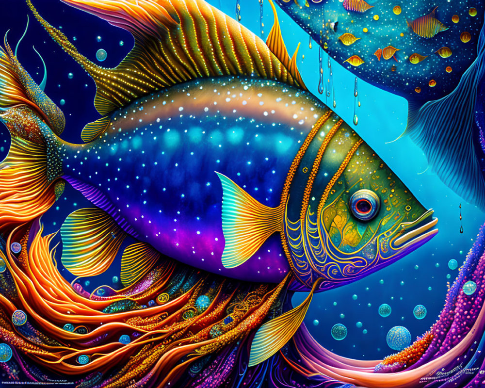 Colorful Cosmic Fish Illustration Surrounded by Marine Elements