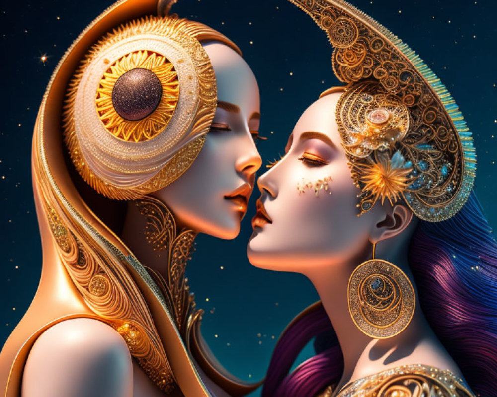 Stylized female figures with gold celestial headpieces on starry night backdrop