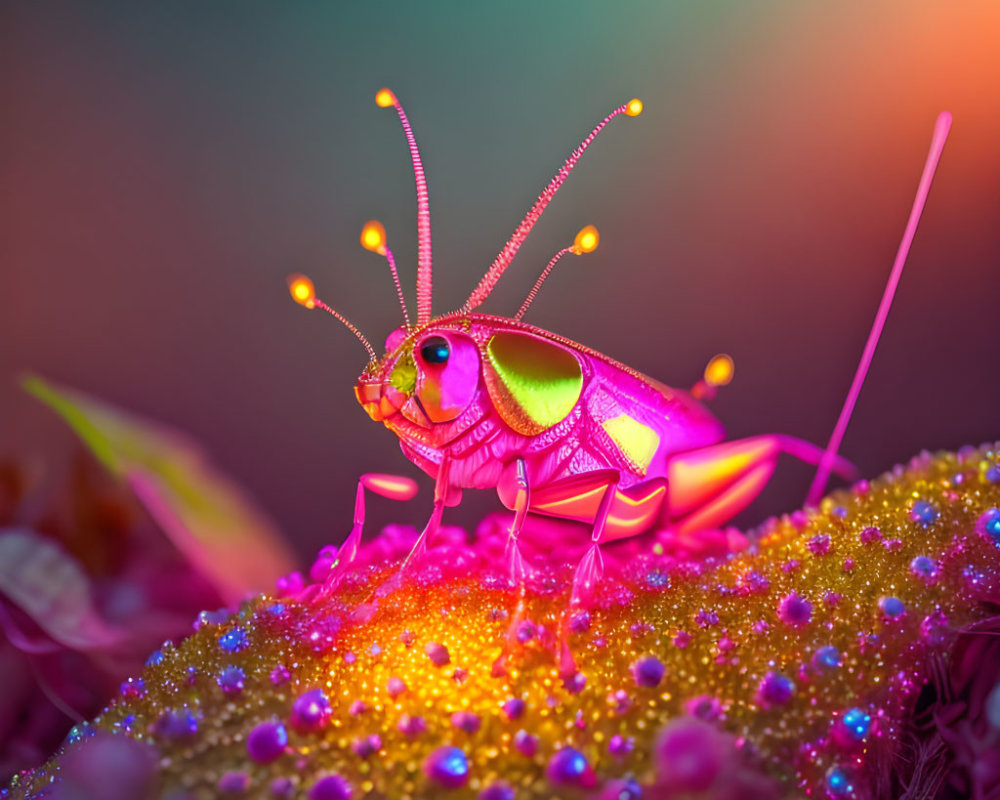 Colorful Grasshopper Image with Glowing Details on Dewy Surface