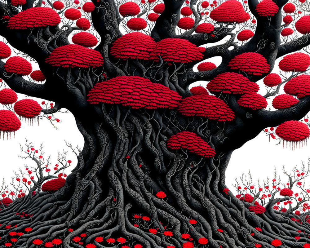 Stylized black tree with red mushroom-like leaves on white background