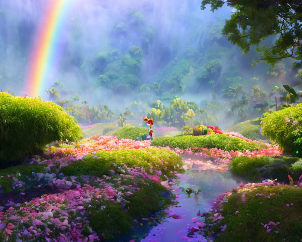 Colorful Garden Scene with Rainbow, Flowers, Stream, and Forest Background