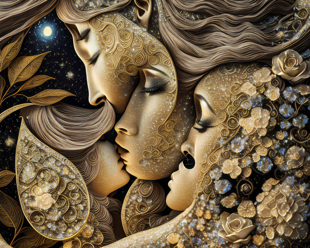 Detailed profile faces with golden floral patterns on dark background