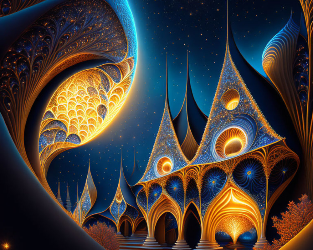 Vibrant artwork of fantastical castle against starry night sky