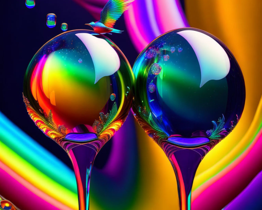Colorful digital artwork: glossy orbs on stems, cosmic reflection, bird flying.